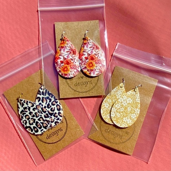 2/$30 3 Pairs Faux Leather Teardrop Earrings - Handmade - Floral/Cheetah/Fall - Picture 1 of 2